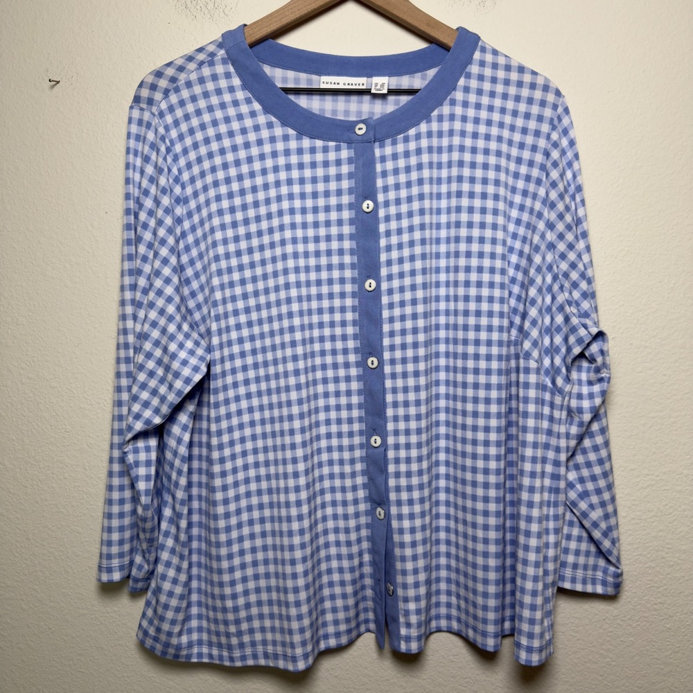Susan Graver Women Liquid Knit Cardigan Sweater 2X Blue Gingham‎ Preppy Spring